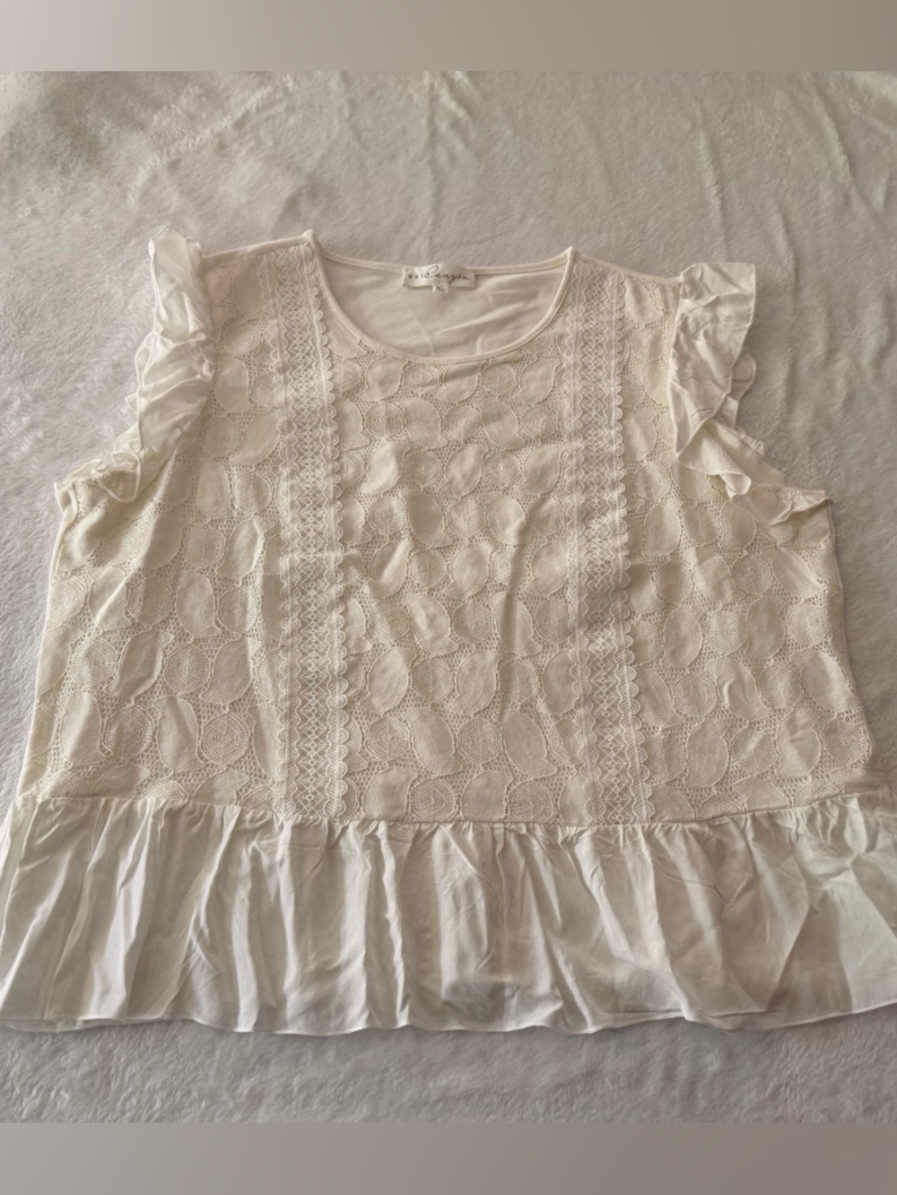 BREA Canyon Off White Lace Tier Ruffle Flutter Sleeves Peplum Blouse XL